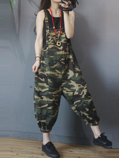 Dungarees cotton denim ripped jeans floral vintage retro style overall, Camouflage ,Two Back Pockets
