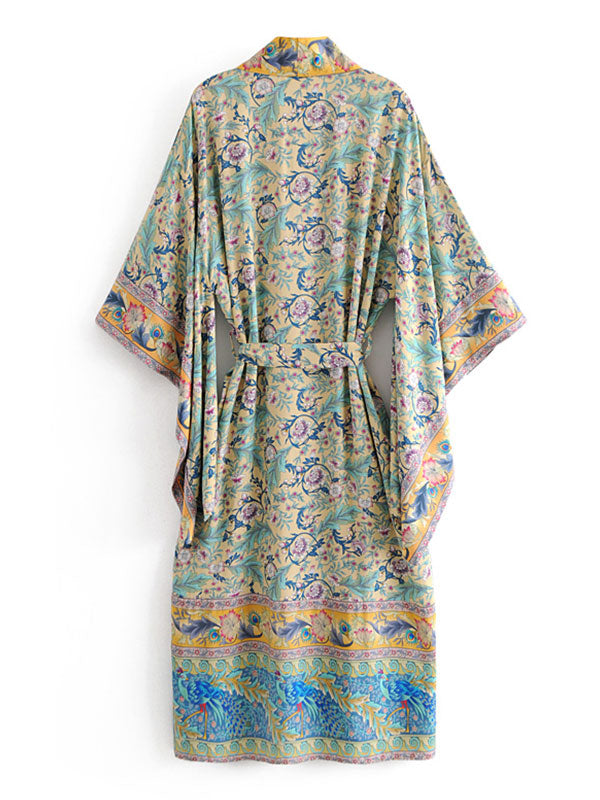 Evatrends cotton gown robe printed kimonos, Outerwear, cotton, Nightwear, long kimono, Board Sleeves, loose fitting, Floral Print with birds print, Belted