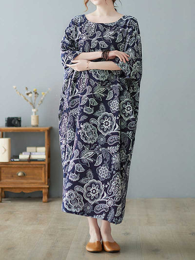 Evatrends Midi Dress, Cotton Dress, Round-neck, Printed, Short sleeves, Printed Midi Dress, Floral Print, Loose Waist, Midi Dress, Partywear Dress