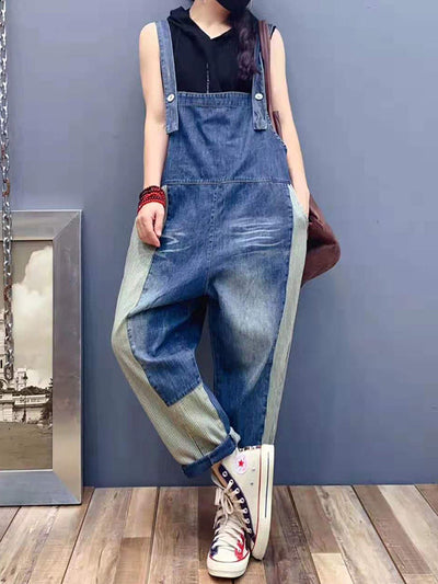 Dungarees cotton denim ripped jeans floral vintage retro style overall, Back and side pockets