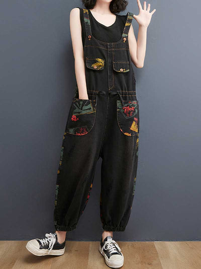 Denim Print Nine-Point Pants High Waist Overalls Dungaree