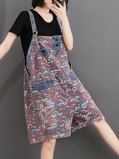 Dungarees cotton denim, vintage retro style overall, double side pocket, printed