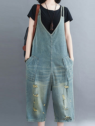 Dungarees, cotton denim, Ripped, vintage, retro style overall, Romper, Double Side Pockets