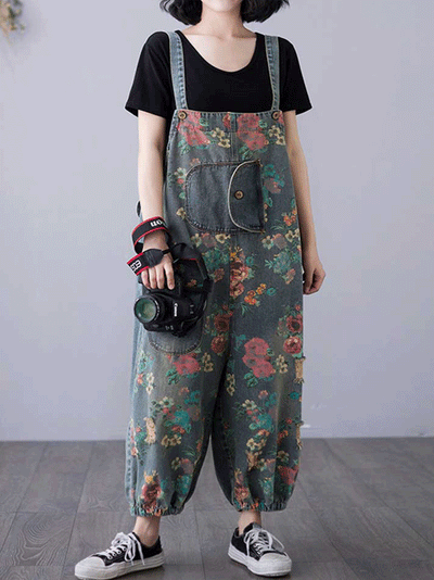 Dungarees cotton denim ripped jeans floral vintage retro style overall