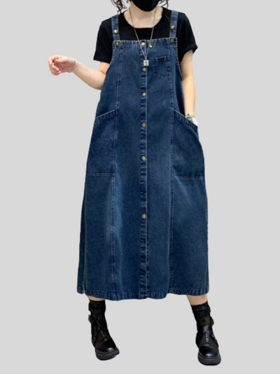 Women's Denim Midi-Length Over-The-Knee Casual Salopette Dress