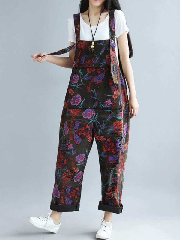 Black Floral Cotton Denim Overalls with Straight Legs