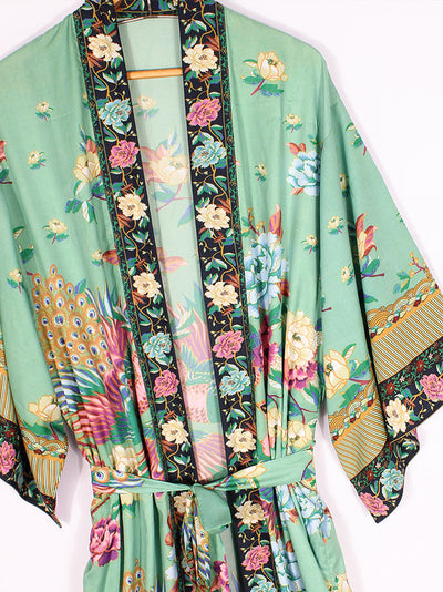 Evatrends cotton gown robe printed kimonos, Outerwear, cotton, Nightwear, long kimono, Long Sleeves, loose fitting, Floral Print with birds print, Belted