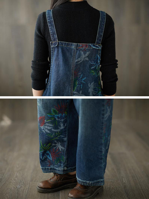 Dungarees cotton denim ripped jeans floral vintage retro style overall