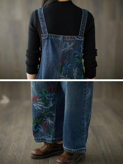 Dungarees cotton denim ripped jeans floral vintage retro style overall