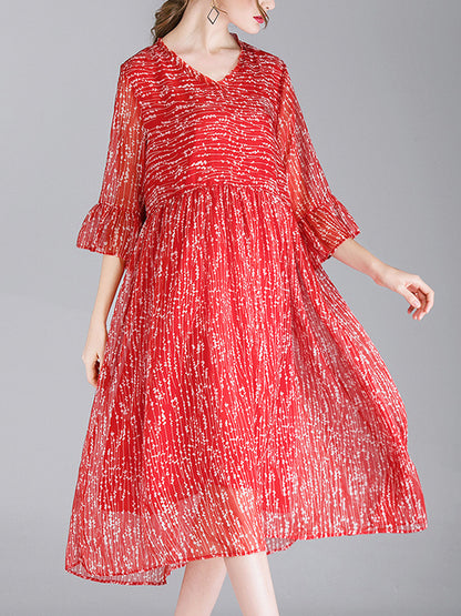 Luisa Vintage Contrasting Vestido midi de cintura floral con cuello en V con mangas de campana