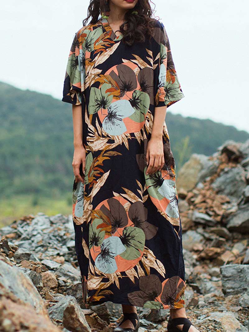 Cotton  Floral Print Kaftan Dress