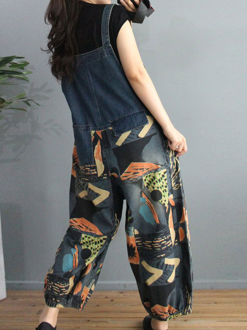Dungarees cotton denim, vintage retro style overall, Printed