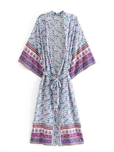 Evatrends cotton gown robe printed kimonos, Outerwear, cotton, Nightwear, long kimono, Board Sleeves, loose fitting, Floral Print , Belted