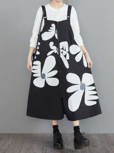 Cotton Floral Black Slope Midi Dress