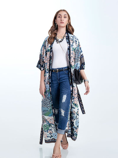 Evatrends cotton gown robe printed kimonos, Outerwear, Cotton, long sleeves, Birds print, Nightwear, long kimono, Board Sleeves, loose fitting, Printed, , belted