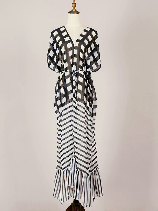 Evatrends cotton gown robe printed kimonos, Outerwear, chiffon, Nightwear, long kimono, Board Sleeves, loose fitting, printed, Belted