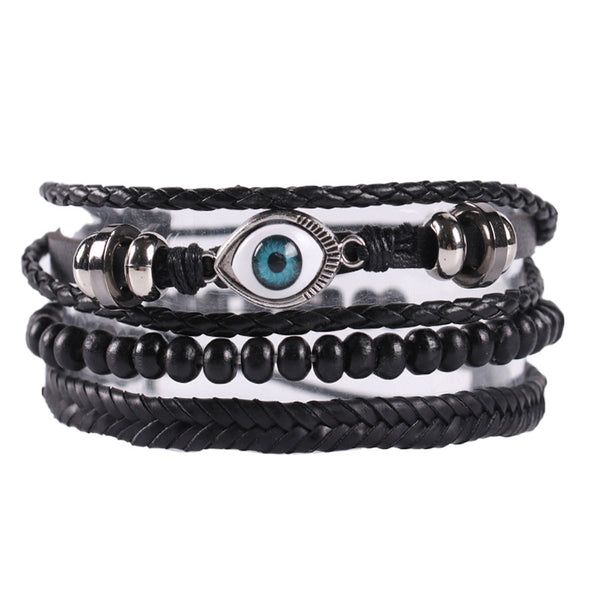 Brazalete de ojo malvado de cuero trenzado negro