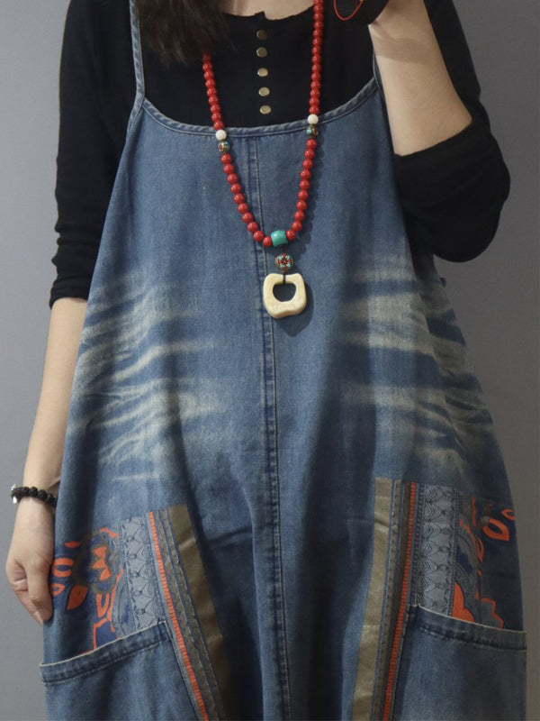 Dungarees cotton denim ripped jeans floral vintage retro style overall