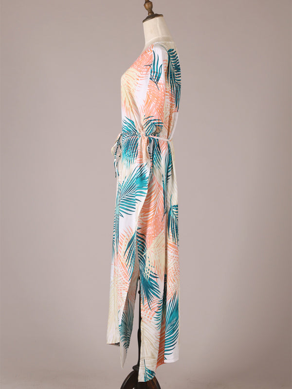 Evatrends cotton gown robe printed kimonos, Outerwear, Cotton, Nightwear, long kimono, long Sleeves, loose fitting, Leaf print, Belted