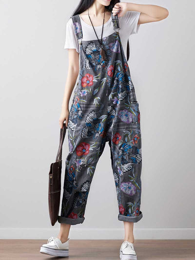 Dungarees cotton denim Printed ,vintage retro style overall, Adjustable straps, double side pockets, comfortable overall, Floral cropped overall