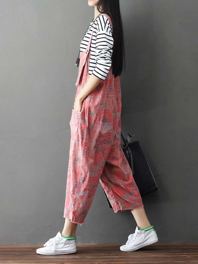Dungarees cotton denim Printed ,vintage retro style overall, Adjustable straps, double side pockets, comfortable overall, Floral cropped overall