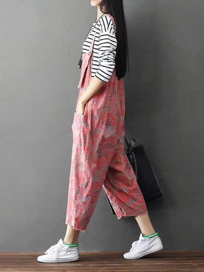 Dungarees cotton denim Printed ,vintage retro style overall, Adjustable straps, double side pockets, comfortable overall, Floral cropped overall