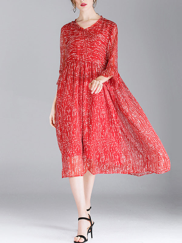Luisa Vintage Contrasting Vestido midi de cintura floral con cuello en V con mangas de campana