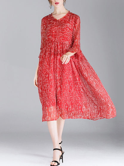 Luisa Vintage Contrasting Vestido midi de cintura floral con cuello en V con mangas de campana