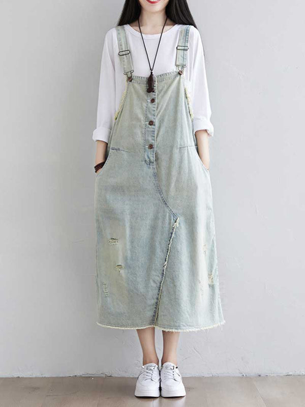 Women's Distressed Denim Midi Overall Dress - Comfortable Everyday | Eva Trends
