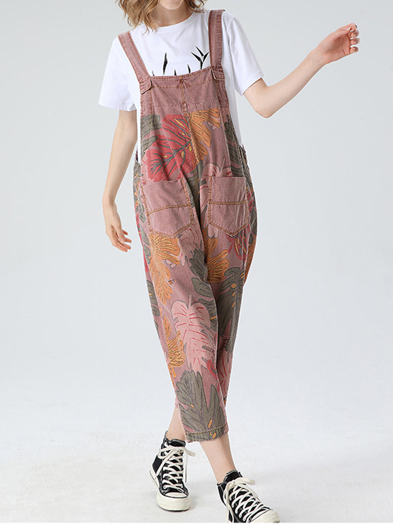 Dungarees cotton denim ripped jeans floral vintage retro style overall