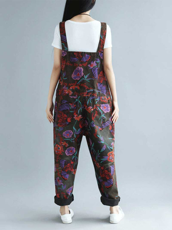 Black Floral Cotton Denim Overalls with Straight Legs