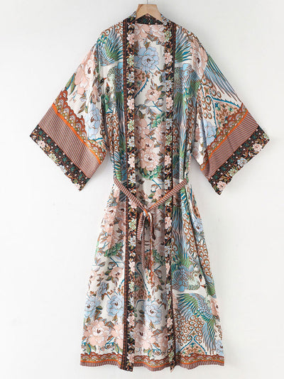 Evatrends cotton gown robe printed kimonos, Outerwear, Cotton, long sleeves, Birds print, Nightwear, long kimono, Board Sleeves, loose fitting, Printed, , belted