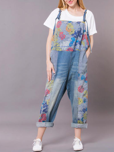 Dungarees cotton denim ripped jeans floral vintage retro style overall