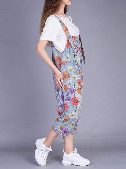 Dungarees cotton denim, cropped pant, floral vintage retro style overall, Floral print