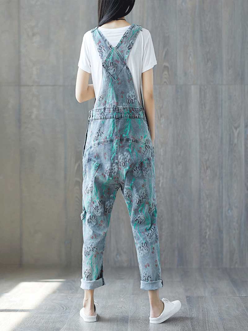Dungarees cotton denim ripped jeans floral vintage retro style overall