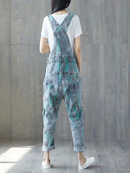 Dungarees cotton denim ripped jeans floral vintage retro style overall