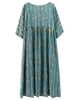 women summer loose round neck print short-sleeved plus size women's mid-length smocked dress