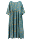 women summer loose round neck print short-sleeved plus size women's mid-length smocked dress