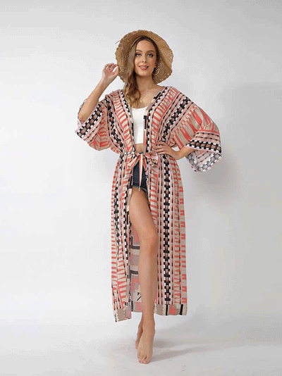 Evatrends cotton gown robe printed kimonos, Outerwear, polyester, Nightwear, long kimono, Board Sleeves, loose fitting, printed, Belted