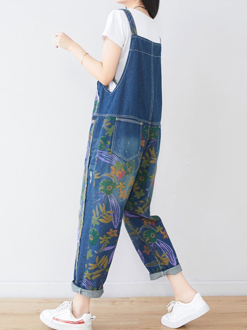 Dungarees cotton denim, floral, vintage retro style overall, Printed