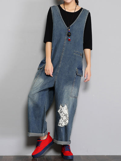 Dungarees cotton denim ripped jeans floral vintage retro style overall