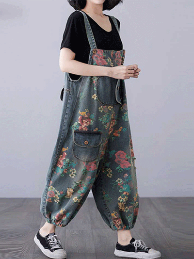 Dungarees cotton denim ripped jeans floral vintage retro style overall