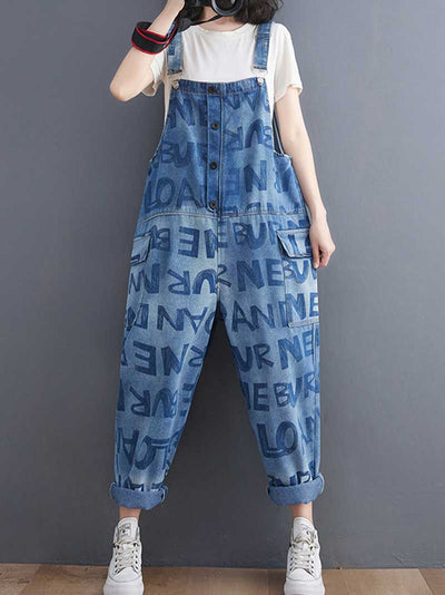 Denim Alphabets Letter Print Overalls Dungaree