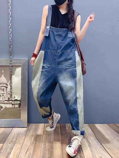 Dungarees cotton denim ripped jeans floral vintage retro style overall, Back and side pockets