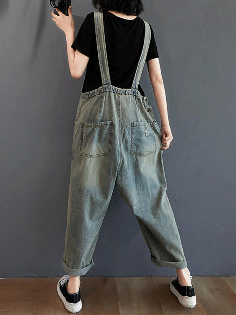 Dungarees cotton denim, ripped jeans, vintage, retro style, overall, Pockets