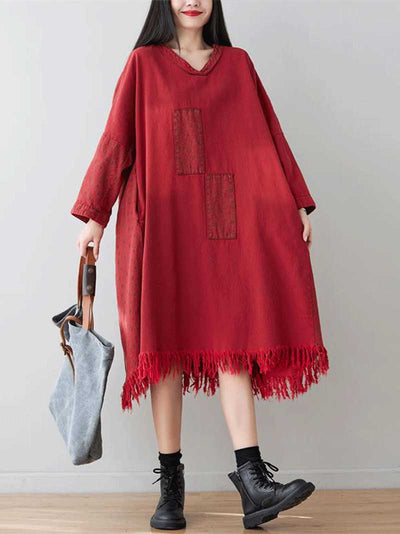 Two in love Denim Patch-Work Style Double Side Pockets Midi Dress