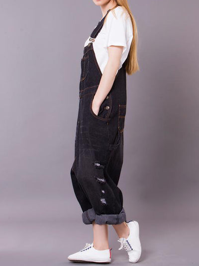 Dungarees, denim ripped , retro style overall, side and back pockets, ripped