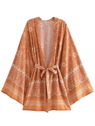 Evatrends cotton gown robe printed kimonos, Outerwear, Cotton, Nightwear, Short kimono, Board Sleeves, loose fitting, Printed, Floral, Belted