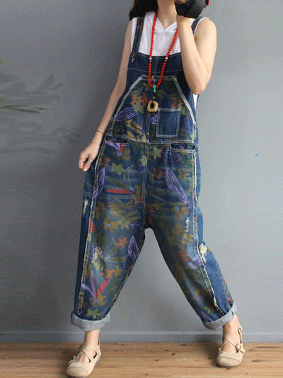 Dungarees, cotton denim, floral print, vintage retro style overall, Front and Back Pockets, Non-Stretchable, Thick, Double Side Pockets, Sleeveless