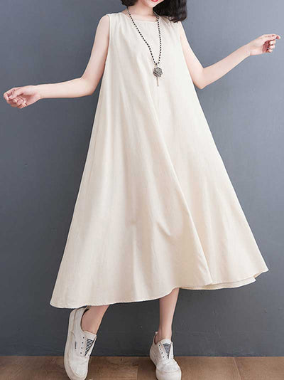 Plain Cotton Sleeveless Midi Dress